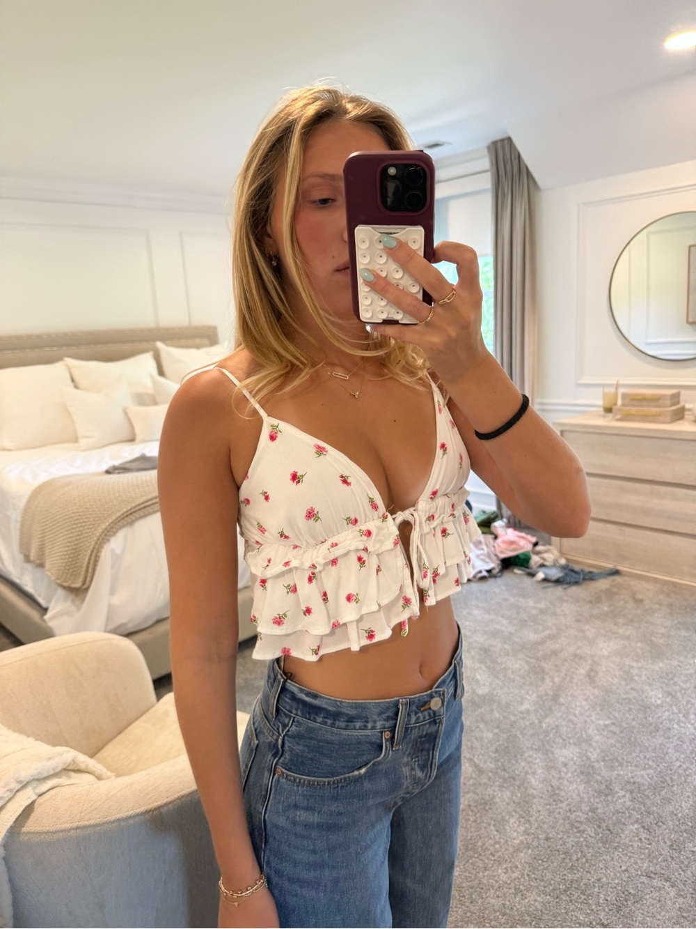 White Floral Ruffle Tie-Front Crop Top - Picture 3 of 6